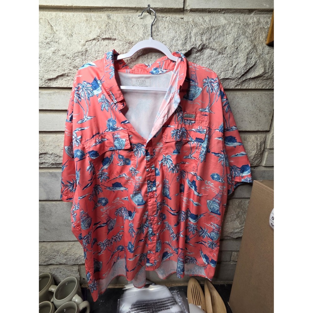 Ocean Coast Mens 3X Performance Fishing Shirt Coral Pink Tropical Nautical Print